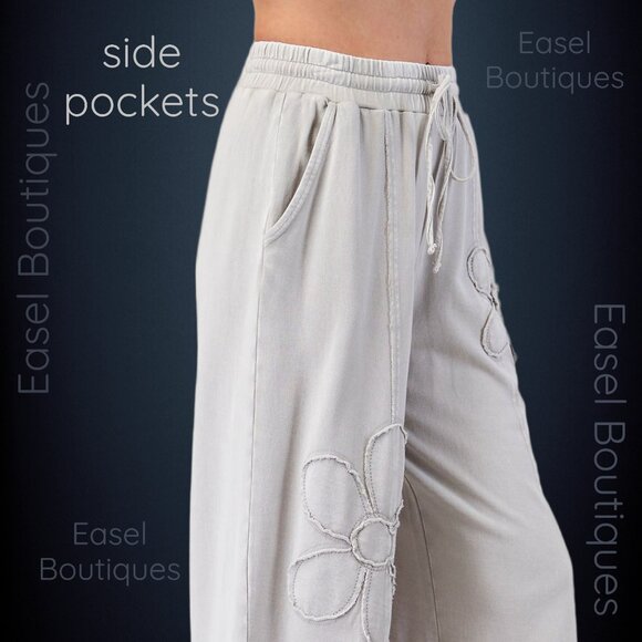 EASEL “Flower Path” Mineral Washed Pants Wide Leg Cozy Relax Fit Raw Seams, Hems - Picture 3 of 14